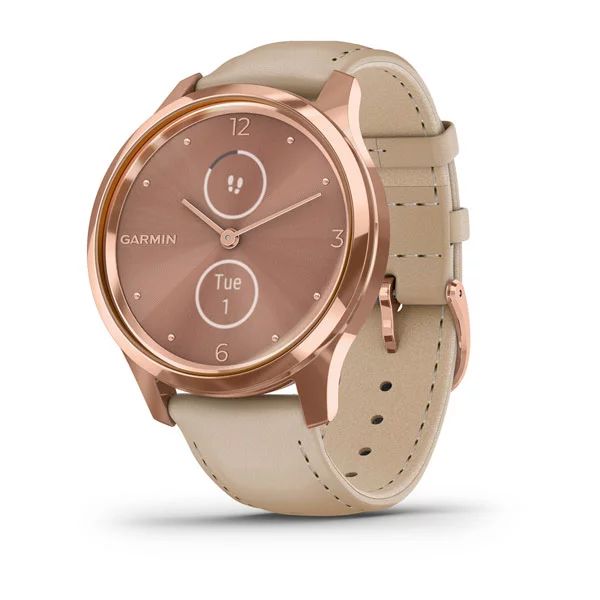 Смарт-часы Garmin VIVOMOVE LUXE розовое золото PVD 18K со светло-песочным ремешком из итальянской кожи